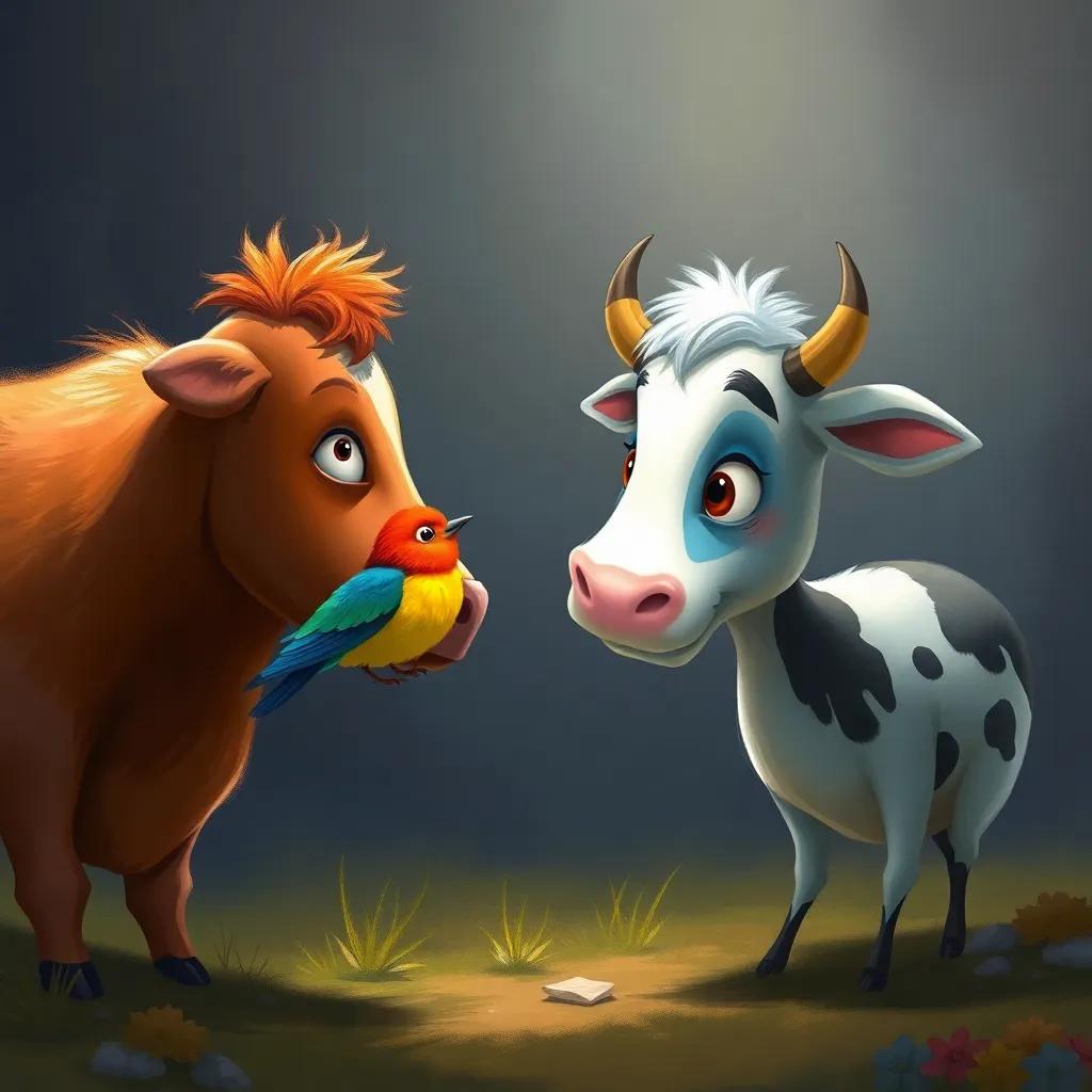 A small colorful bird talking to the weak cow, bringing a sense of hope, bright colors contrasting with the gloomy background, heartwarming scene, digital painting, uplifting, narrative-focused