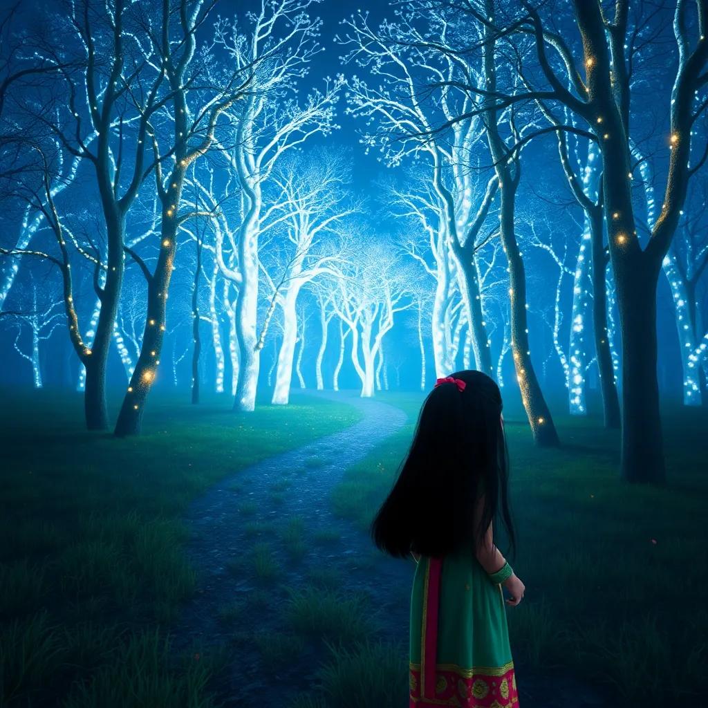 A young Indian girl, Rani, with long black hair wearing a colorful dress, walking quietly towards a shimmering silver forest at night, digital art, enchanting, bright colors, magical atmosphere, high quality