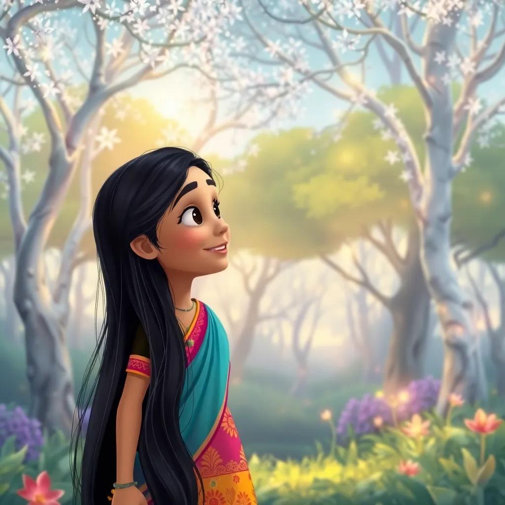 Rani, a young Indian girl with long black hair in a colorful dress, looking at the silver trees and sparkling leaves in the magical forest, smiling with wonder, illustration, vibrant, child-friendly, engaging