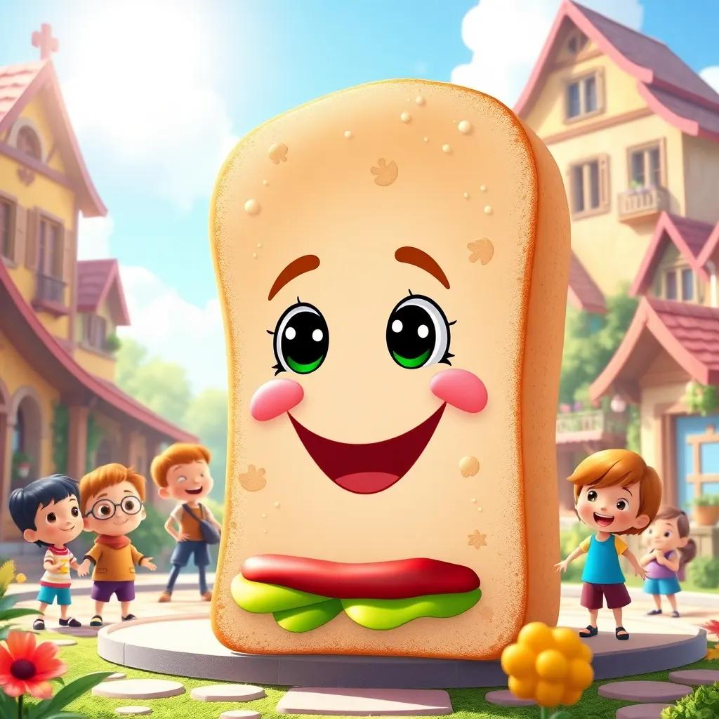 A magical sandwich, smiling with eyes, surrounded by a colorful village setting, with kids laughing and playing, bright sunlight, joyful atmosphere, cartoon style, vibrant colors
