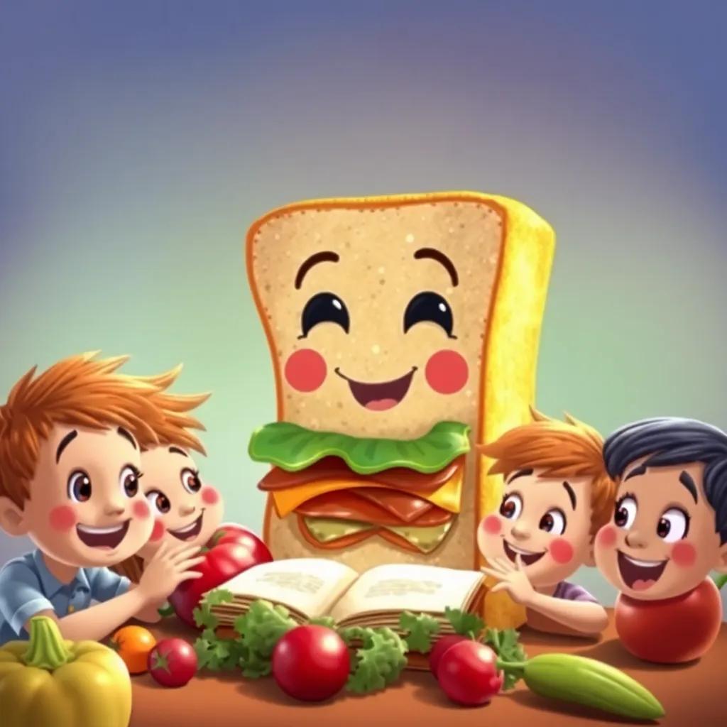 A funny sandwich telling a story to happy children, with fresh veggies around, colorful backgrounds, children with amazed expressions, warm light, whimsical art style