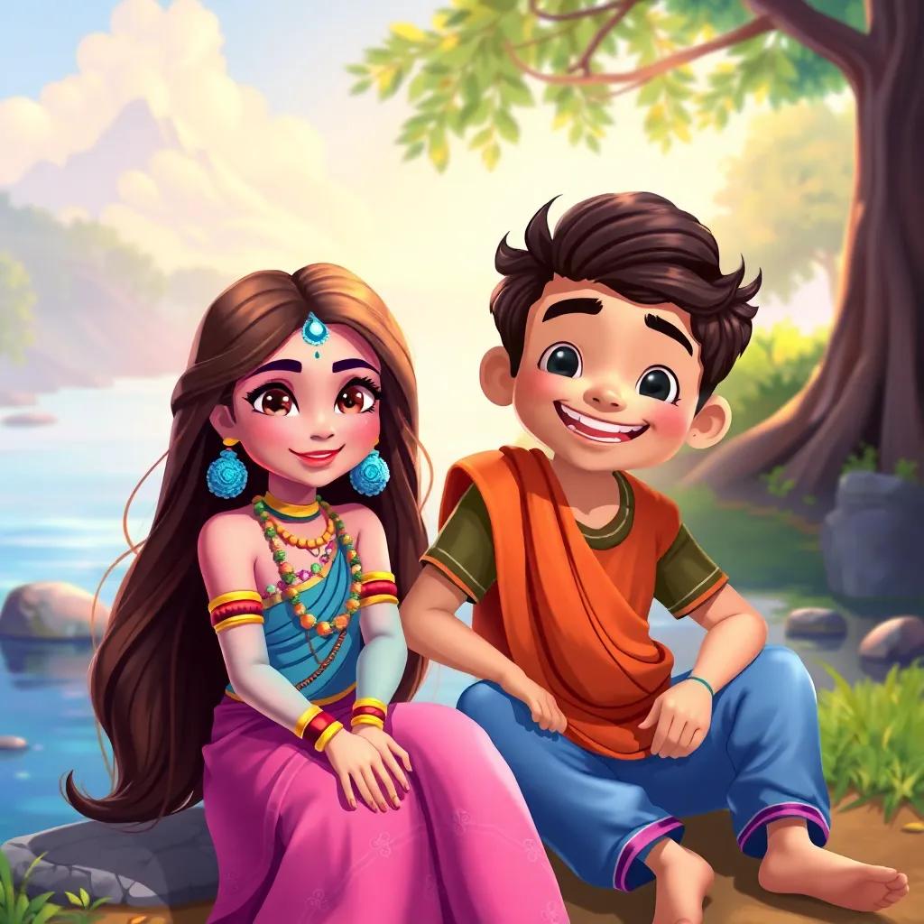 Aditi, a beautiful girl with shiny eyes and long hair, sitting by a lake with Aryan, a cheerful boy with a charming smile, playing together, vibrant colors, friendly atmosphere, cheerful scene