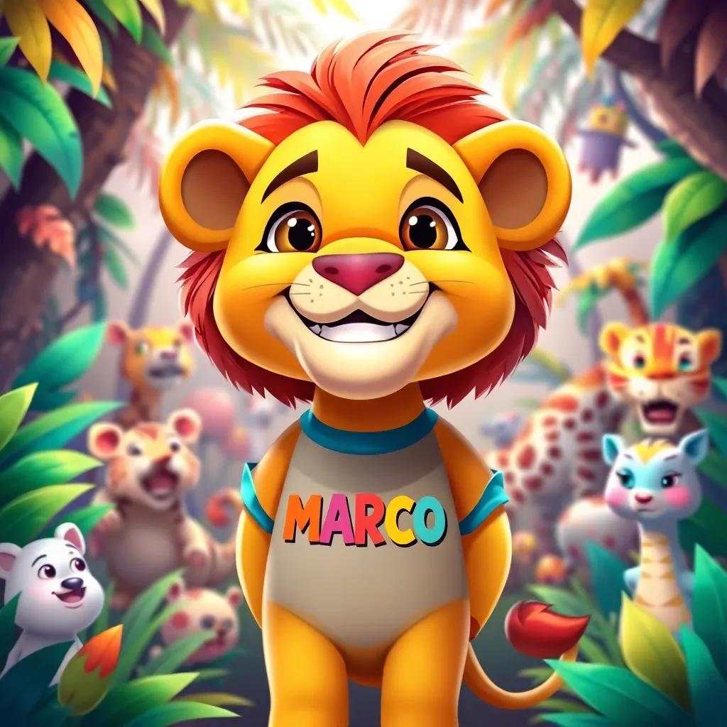 A little lion, Marco, with a big friendly smile, wearing a colorful t-shirt with 'MARCO' printed on it, standing in the vibrant jungle surrounded by various animals, illustration, cheerful, bright colors, engaging atmosphere, high quality