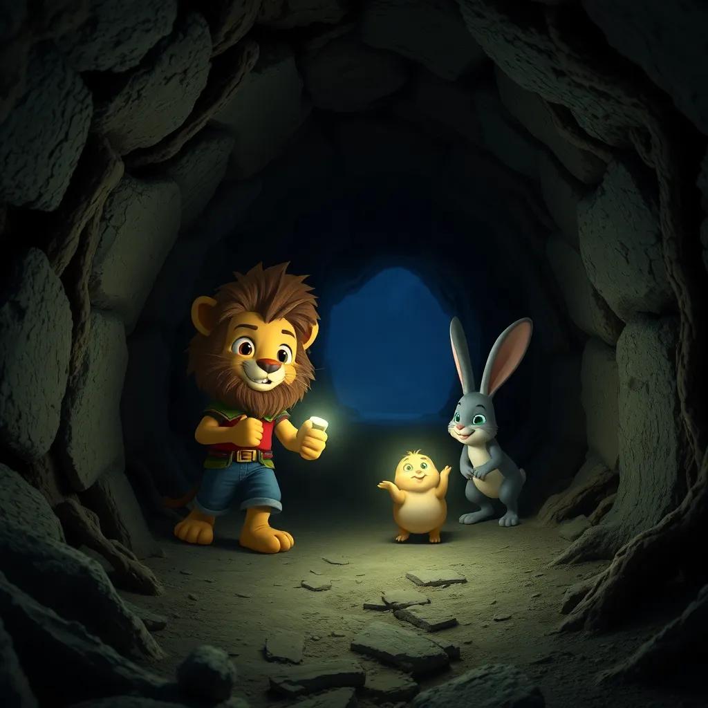 Marco, the little lion, and Rabi the rabbit, exploring a dark tunnel with a glowing flashlight, surrounded by ancient walls and roots, the tunnel feels mysterious, adventure-themed, dynamic, high detail, engaging view, captivating fantasy