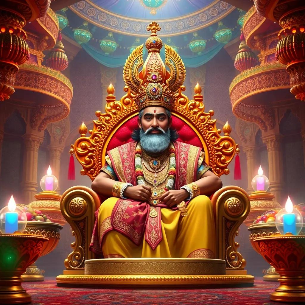 A grand Indian king sitting on a golden throne in his glittering palace filled with treasures, richly decorated with jewels and gold, traditional royal attire, vibrant colors, digital art, elegant atmosphere, high quality
