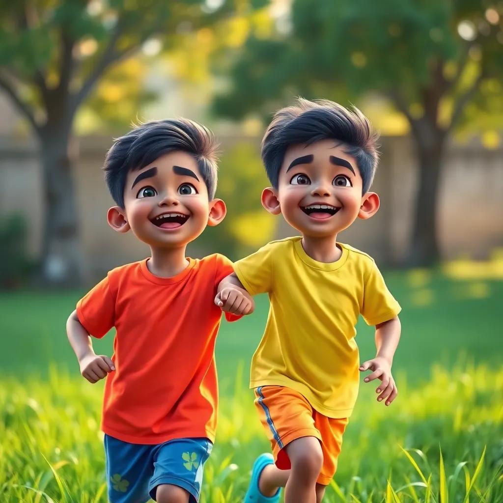 Two young boys, Mithu and Suman, playing outside, wearing bright colored T-shirts and shorts, smiling and happy, soft sunlight and green grass all around, cheerful ambiance, vibrant colors, cartoon style, high quality