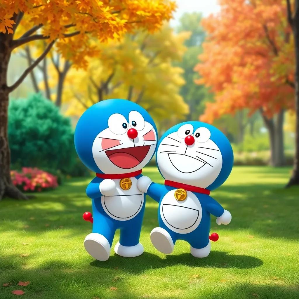 A park scene with Nobita and Doraemon playing together, colorful trees, and green grass, joyful expression, digital art, cheerful atmosphere, bright colors, high quality