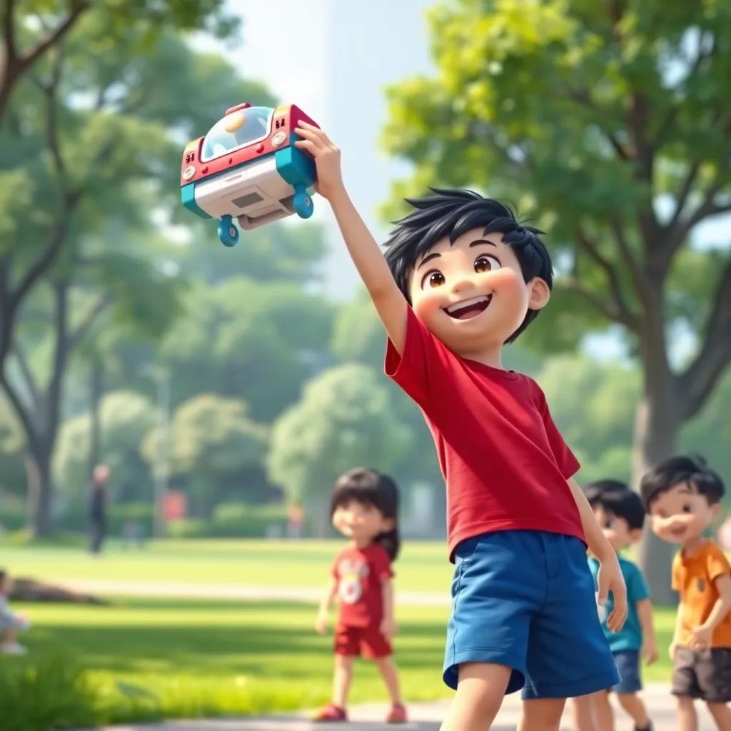 A confident young boy, Suneo, with short black hair wearing a red t-shirt and blue shorts, holding a new toy high in the air for his friends to see, park setting, lively, child-friendly vibe, vivid colors, joyful interaction, high quality