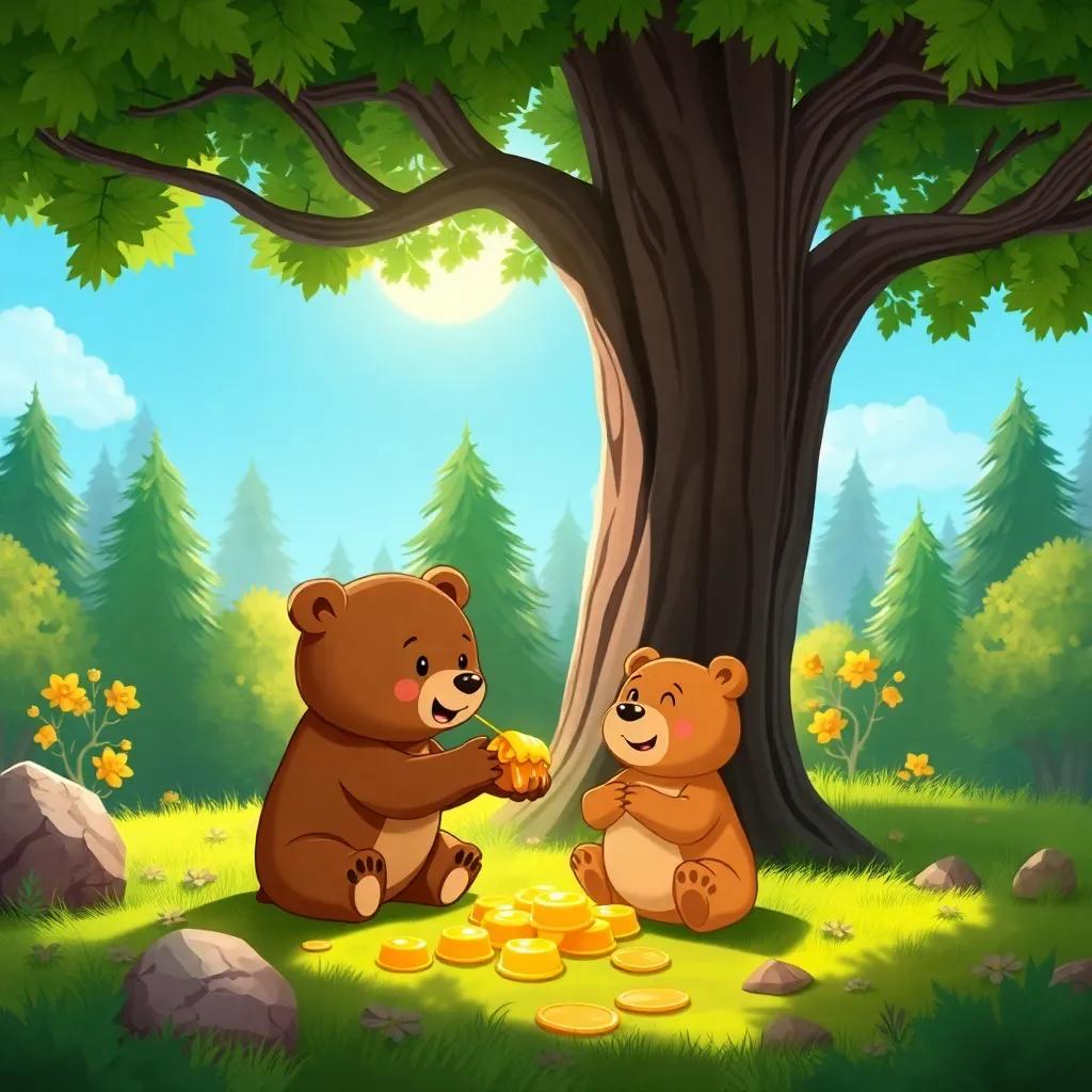 A sunny forest scene with three little bears: a big bear, a small bear, and a chubby bear, sharing honey under a big tree, cheerful atmosphere, bright colors, cartoon style, high quality