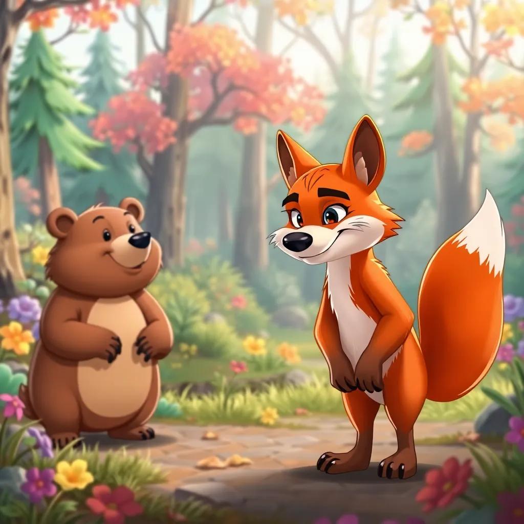 A cunning fox standing nearby, looking sneaky, with a sly smile, watching the three bears, in a vibrant forest, colorful surroundings, playful and child-friendly illustration