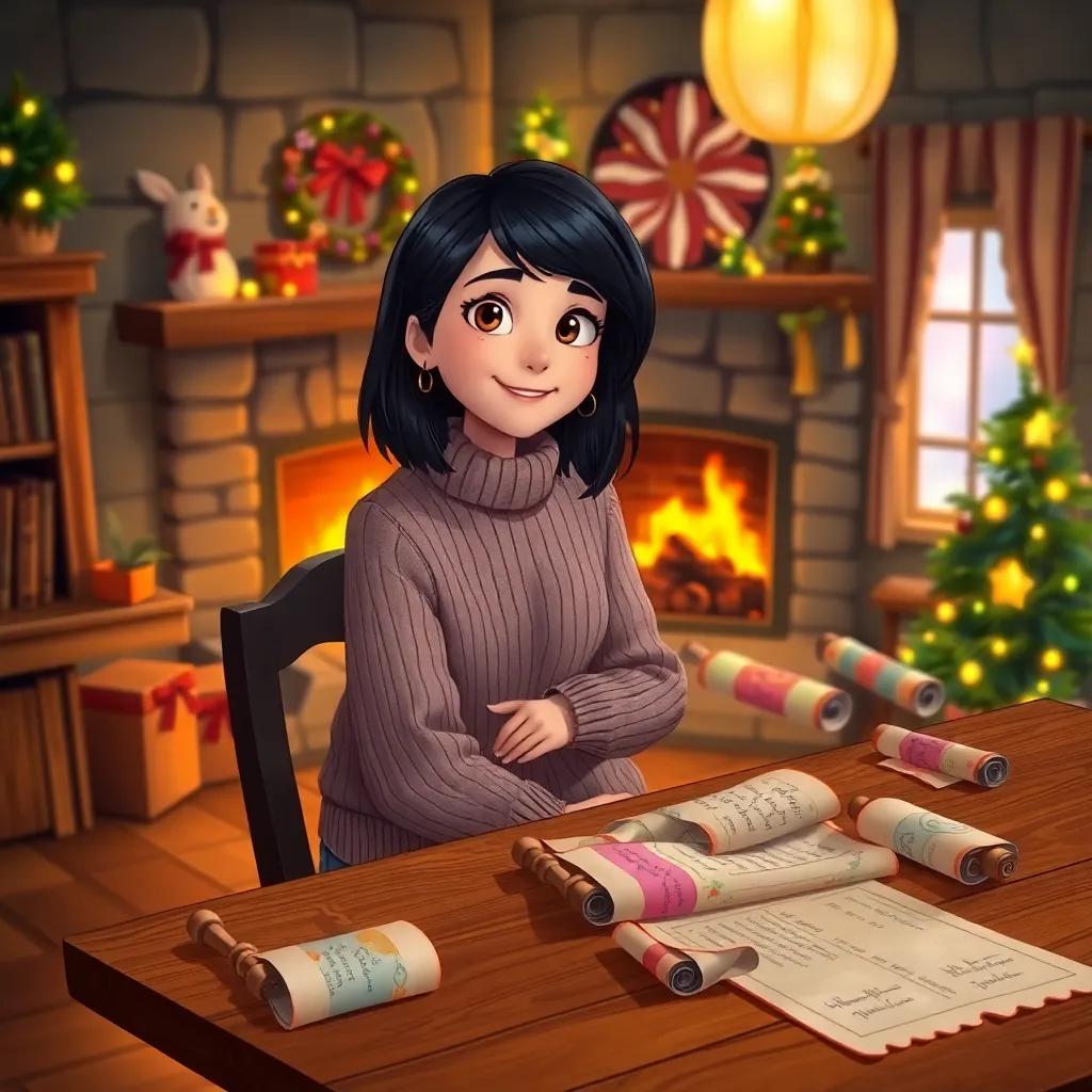 A cozy room with a fireplace, a young woman, Emily, with medium-length black hair, wearing a warm sweater and jeans, sitting at a wooden table covered with colorful story scrolls, warm glowing light, winter decorations, cheerful atmosphere, high quality