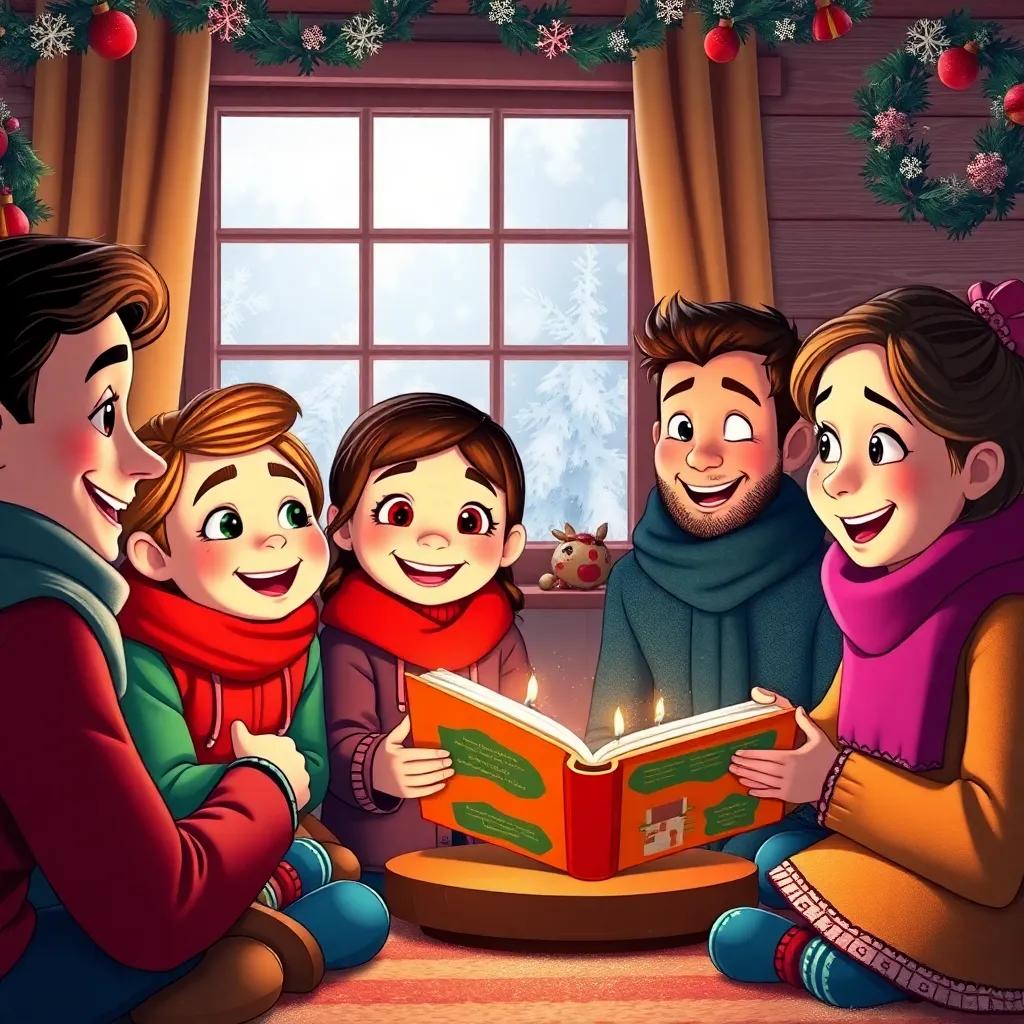 A festive gathering with family, children with bright smiles, eagerly listening to Emily tell her custom stories, snow-covered window in the background, joyful ambiance, colorful clothing, high quality