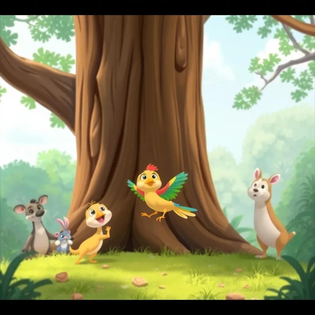 A determined little bird with colorful feathers practicing flying, fluttering around the base of the giant tree, surrounded by curious other animals watching, cheerful, lively, joyful scene, child-friendly, illustration