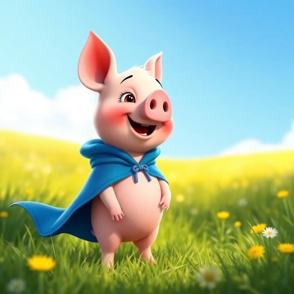 A cute little pig, Pip, wearing a blue cloak, standing in a sunny meadow, excitedly talking to his mom with a smile, digital art, bright colors, cheerful atmosphere, high quality