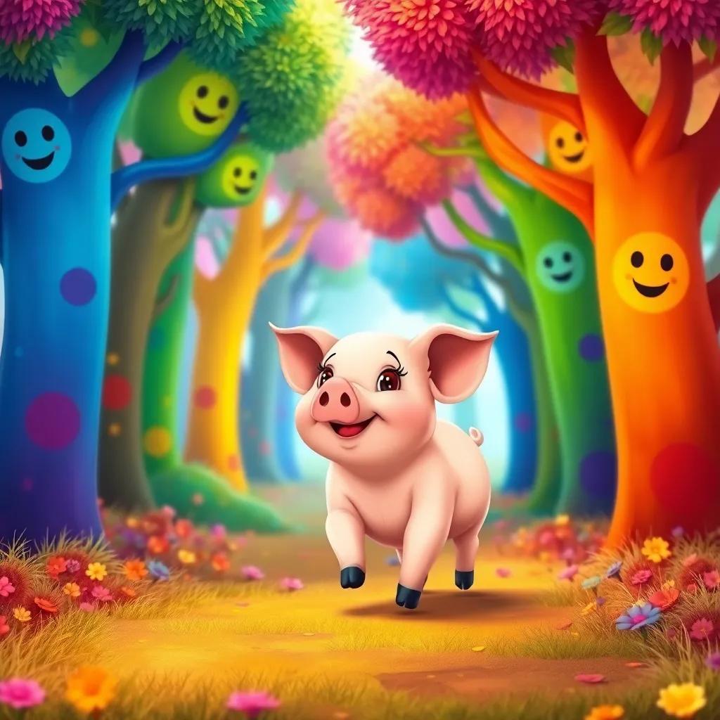 A cute little pig, Pip, walking into a magical forest filled with colorful rainbow trees that have smiling faces, vibrant colors, whimsical, enchanting scene, high quality