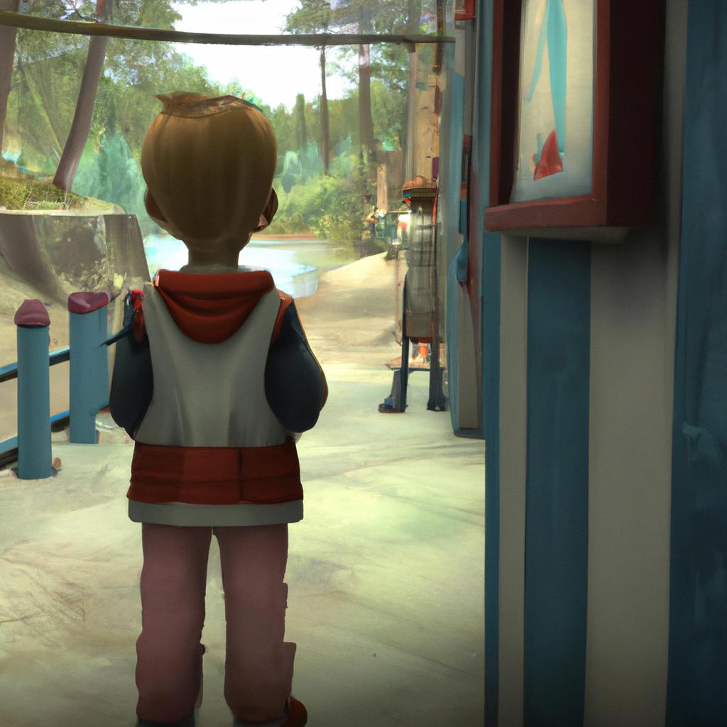 A little boy standing in a long queue at an amusement park, showing patience and good manners.