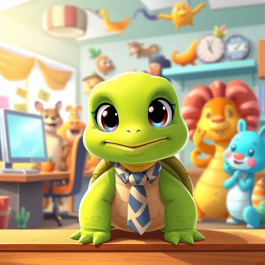 A turtle named Toby, an adorable green turtle with big eyes, wearing a little tie, looking enthusiastic and excited in a colorful animal world office, with animal coworkers cheering him on, digital art, bright and cheerful atmosphere, vibrant colors, heartwarming, high quality