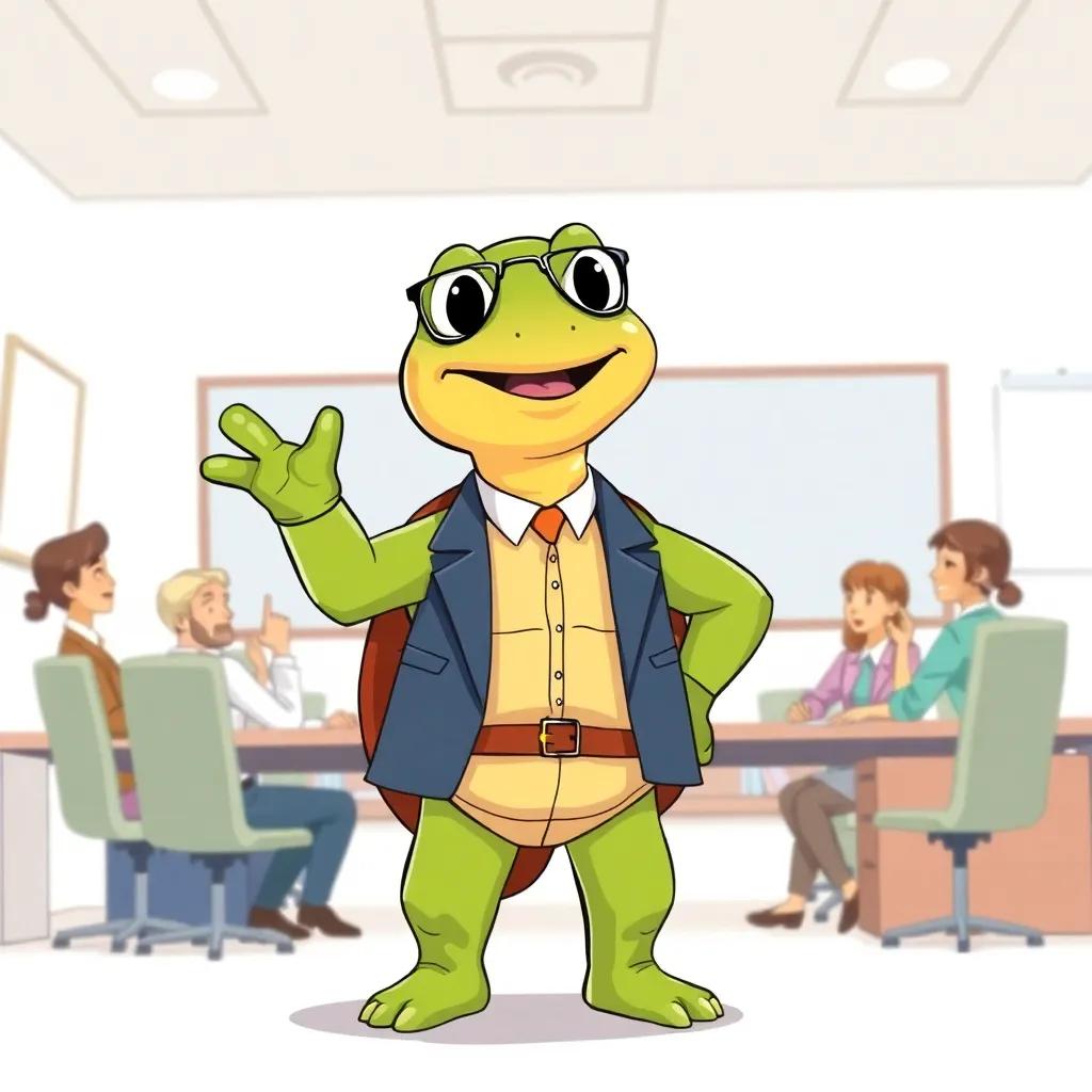 A turtle named Toby, now a boss, wearing a smart outfit, confidently standing in front of a desk with colleagues around, showing excitement and showing off his team spirit, illustration, professional style, light colors, inspiring scene, storytelling view, uplifting