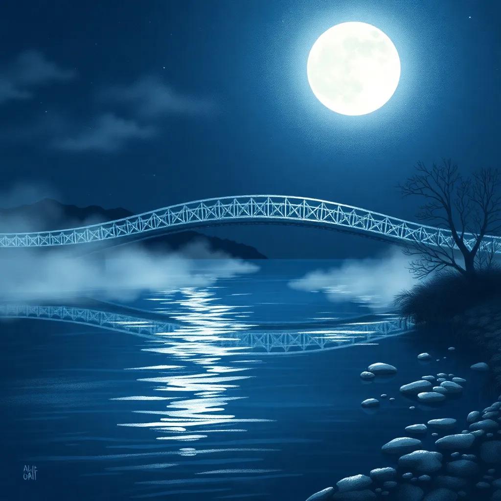 A peaceful riverside at night, shimmering silver moonlight casting reflections on dark water, with soft mist creating a dreamlike bridge, digital art, serene atmosphere, cool colors, magical vibes