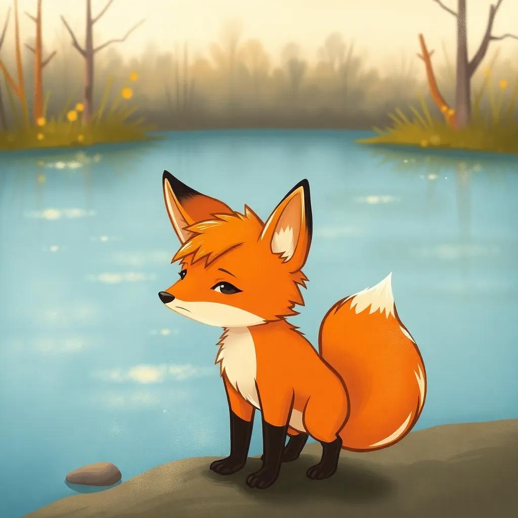 A small fox with droopy ears and a wet tail standing on the riverside, looking anxious, gazing towards the other side with shimmering reflections, illustration, warm colors, inviting ambiance, child-friendly