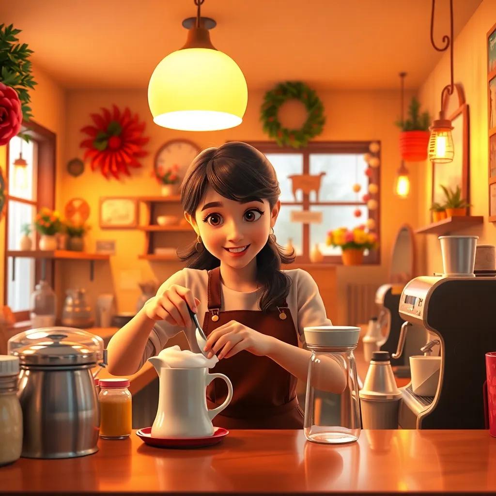 A cheerful café with warm lighting and cozy decorations, featuring a young woman, Kate, preparing milk foam for coffee, digital art, inviting atmosphere, bright and warm colors, detailed scene, high quality