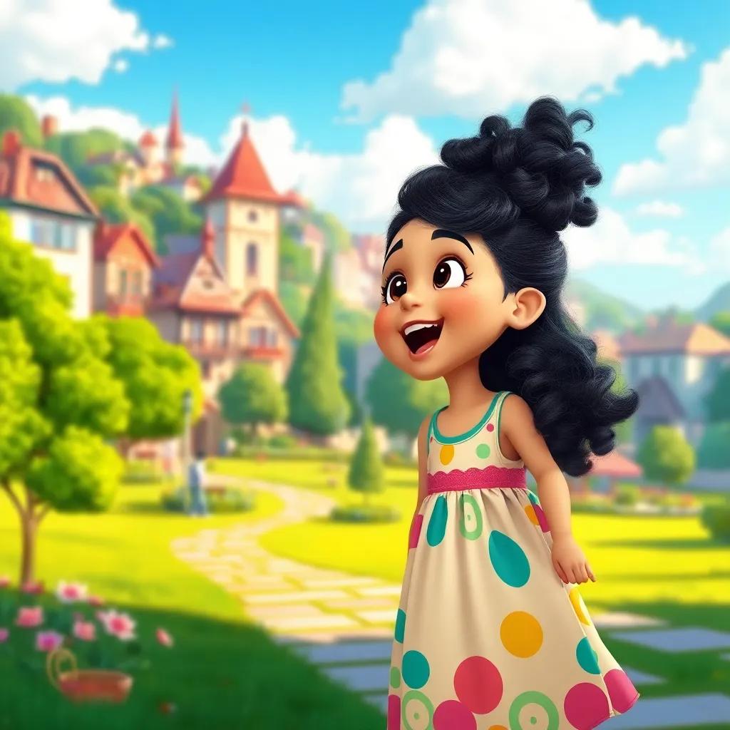 A beautiful town called Zahle in Lebanon, with charming houses and lush trees, a little girl named Najwa with curly black hair, wearing a colorful dress, singing joyfully in a sunlit park, digital art, vibrant colors, cheerful atmosphere, high quality