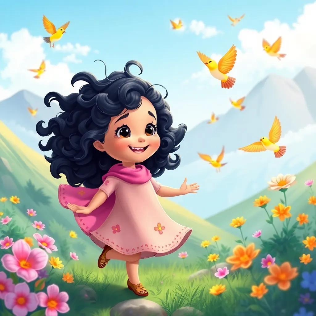 Najwa, a little girl with curly black hair, dancing with the mountain breeze, surrounded by singing birds and bright flowers, in a magical landscape, illustration, joyful and lively, child-friendly, high quality