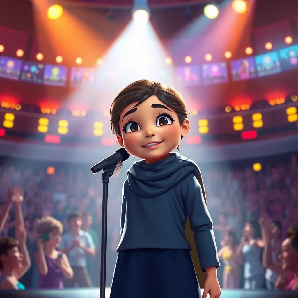 Najwa, now a young girl with bright eyes and a shining smile, standing on a big stage with a spotlight on her, singing to a captivated audience, with colorful lights and cheering fans, digital painting, dynamic and vibrant, inspirational, high quality