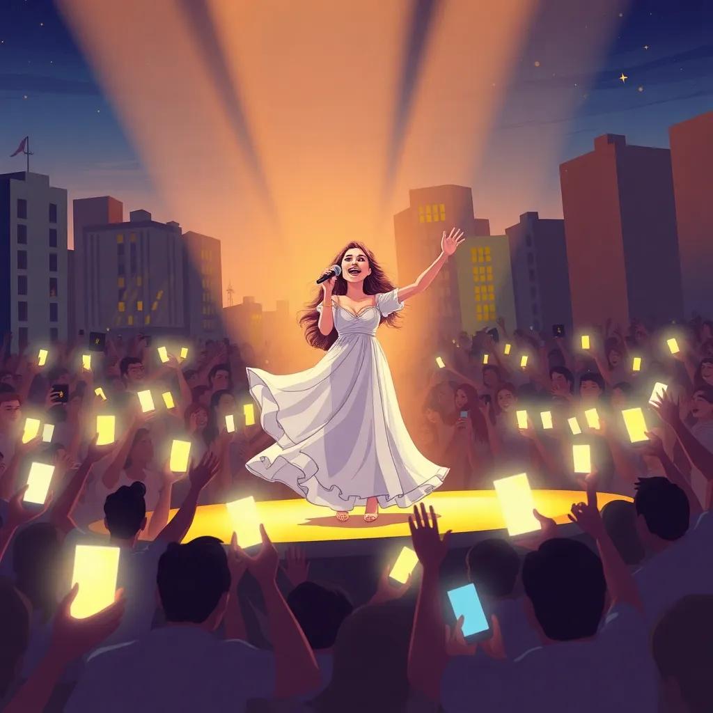 A big concert scene with Najwa on stage, singing joyfully with a flowing dress, surrounded by fans holding glowing lights, buildings of Beirut in the background, illustration, energetic and exciting, joyful atmosphere, high quality