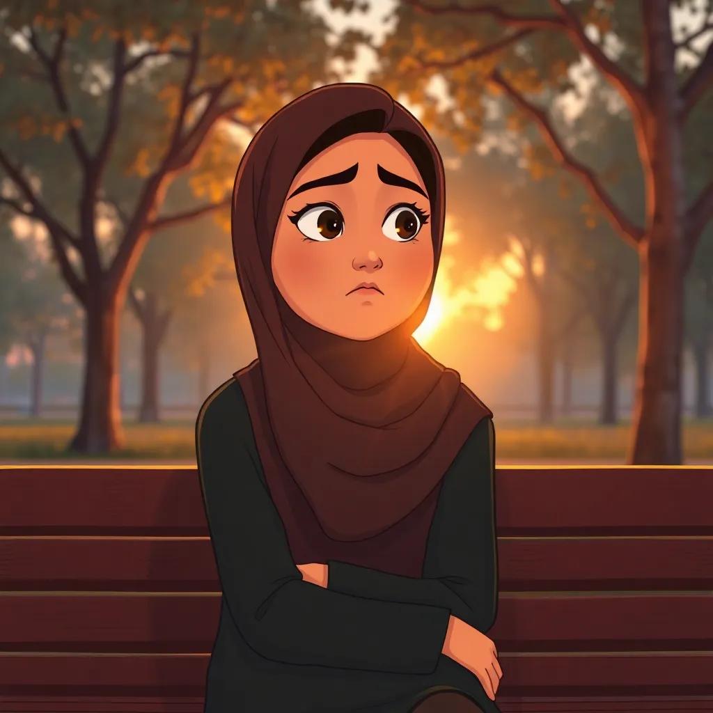 Najwa looking thoughtful with a frown, sitting on a bench in a quiet park, with the sun setting behind her, deep in contemplation, digital art, warm colors, peaceful but emotional, high quality