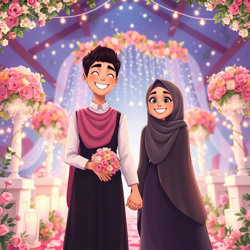 Najwa radiantly smiling, holding hands with her partner in a beautiful wedding setting, surrounded by flowers and twinkling lights, lively and romantic atmosphere, illustration, heartwarming and joyful, high quality