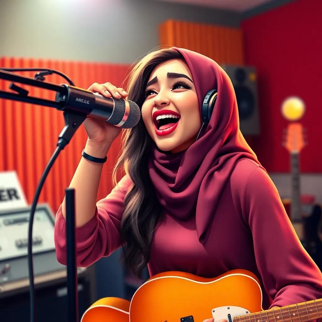 Najwa in a recording studio, passionately singing into a microphone with determination shining in her eyes, surrounded by musical instruments, vibrant and creative, digital art, colorful and inspiring, high quality
