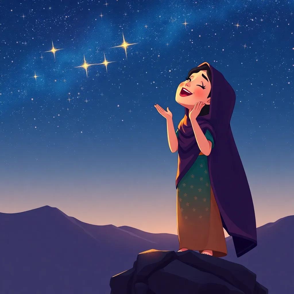 Najwa standing tall on a mountaintop, singing to the stars with a joyous expression as the night sky sparkles, symbolizing hope and dreams, illustration, magical and uplifting, high quality