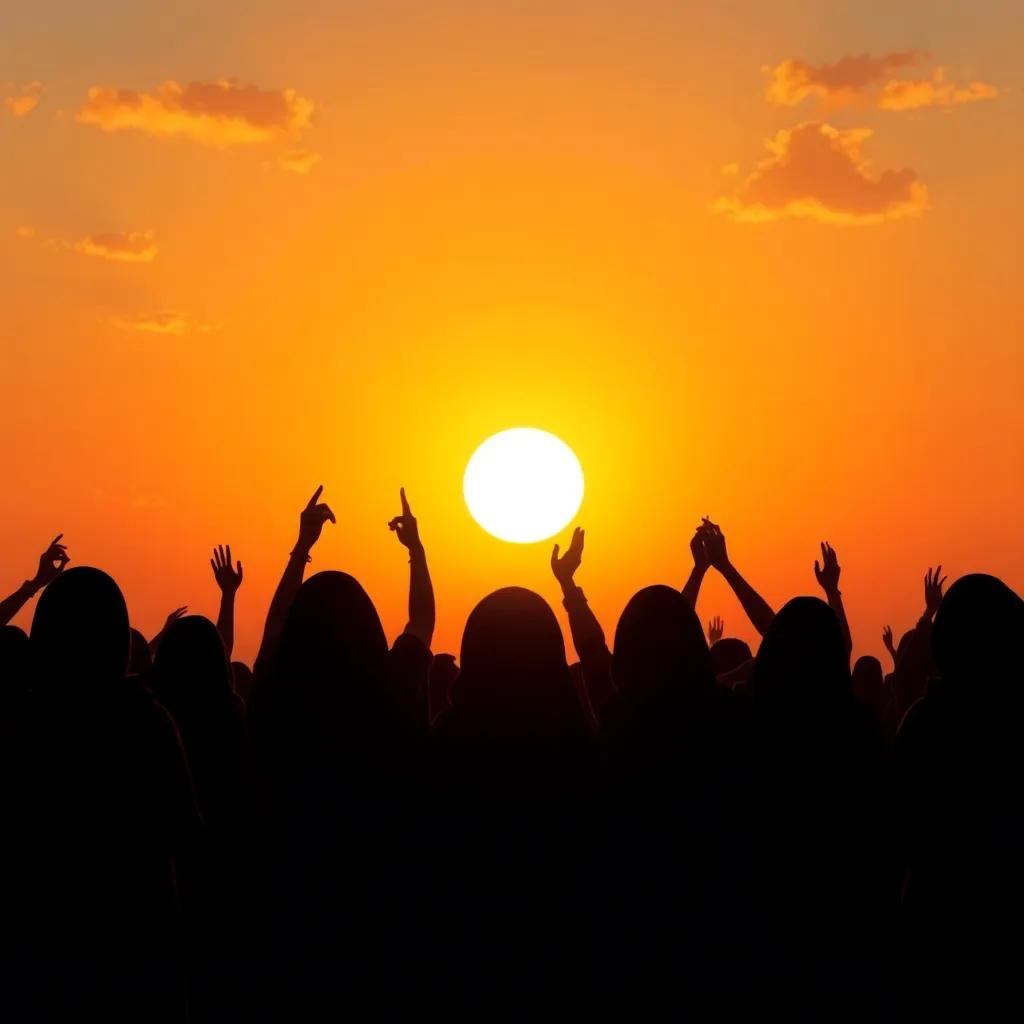 A beautiful sunset scene with silhouettes of Najwa's fans, singing her songs, and the sun shining brightly on the horizon, reminding of hope and light after darkness, digital painting, warm and inviting, charming atmosphere, high quality