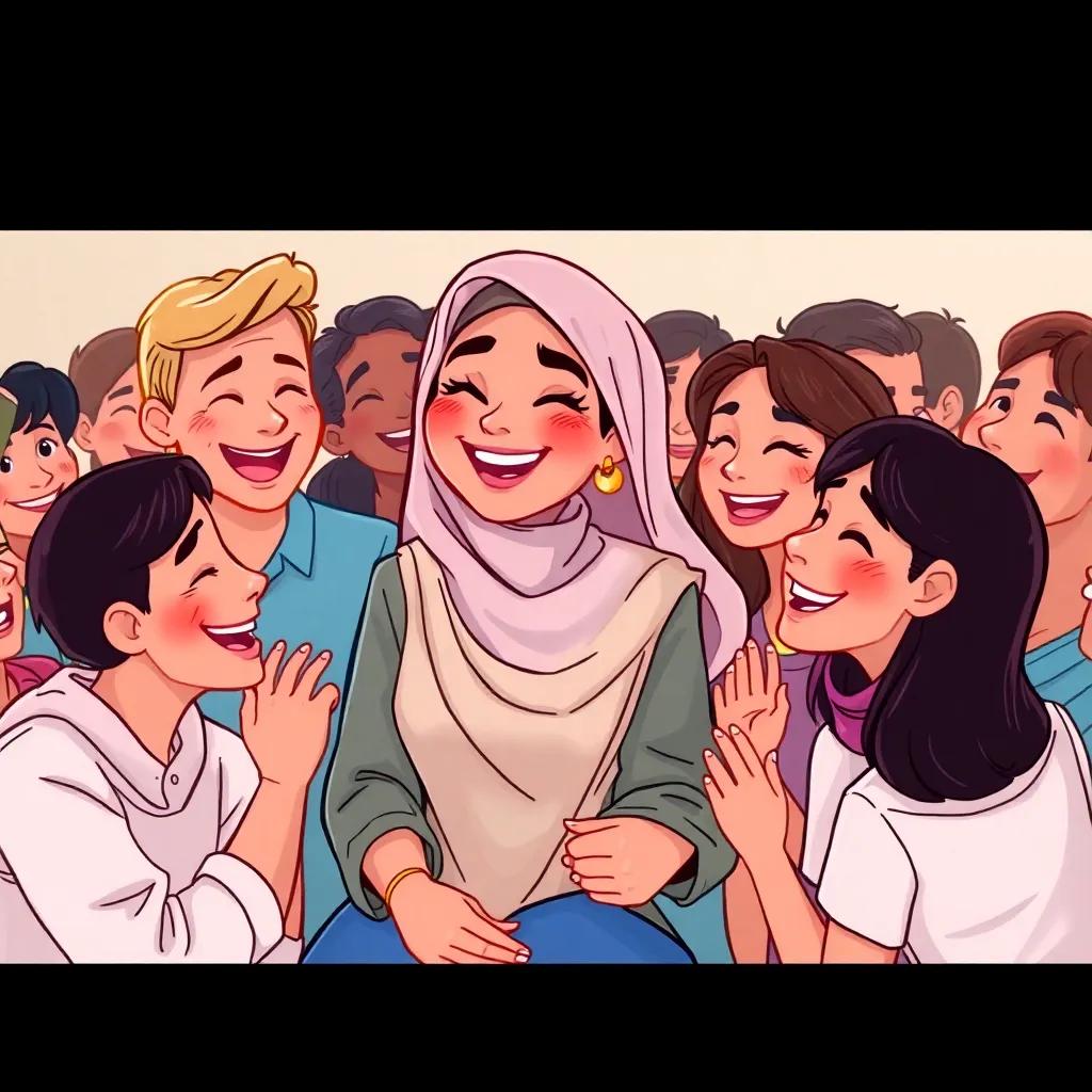 Najwa surrounded by her fans, with smiles and laughter, sharing stories of her journey, a feeling of community and connection, illustration, friendly and inviting, high quality