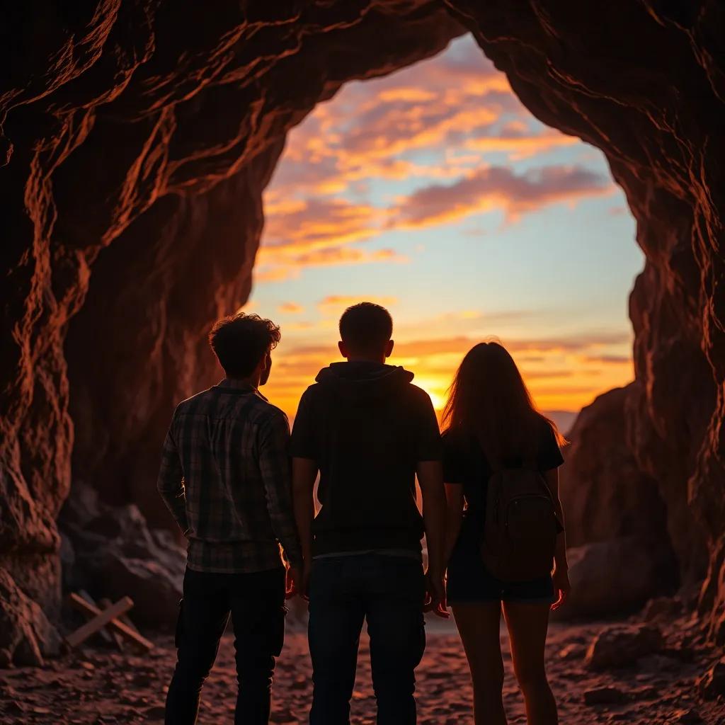 Three friends standing at the entrance of a cave, looking worried as the sun sets behind them, the sky painted in shades of orange and purple, digital art, warm colors, inviting atmosphere, high quality