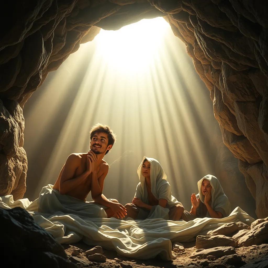 Three friends waking up inside a cave, sunlight streaming in through cracks, looking relieved as they start to pray, digital painting, serene light, hopeful atmosphere, high quality