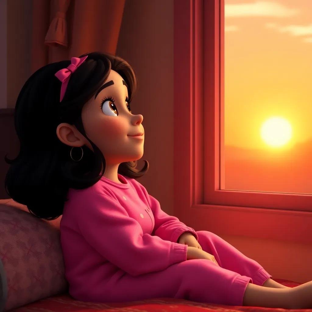 A young girl, Amina, with dark hair wearing a cozy pink pajama, sitting by a window and looking excitedly at her mother while the sunset bathes the room in warm orange light, digital art, inviting atmosphere, storytime mood, high quality