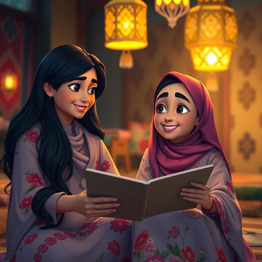 Amina's mother, a Middle-Eastern woman, with long black hair wearing a traditional floral abaya, sitting beside Amina under glowing lanterns, narrating a story with a gentle smile, colorful rich textiles in the background, warm light, cozy, family bond, high quality