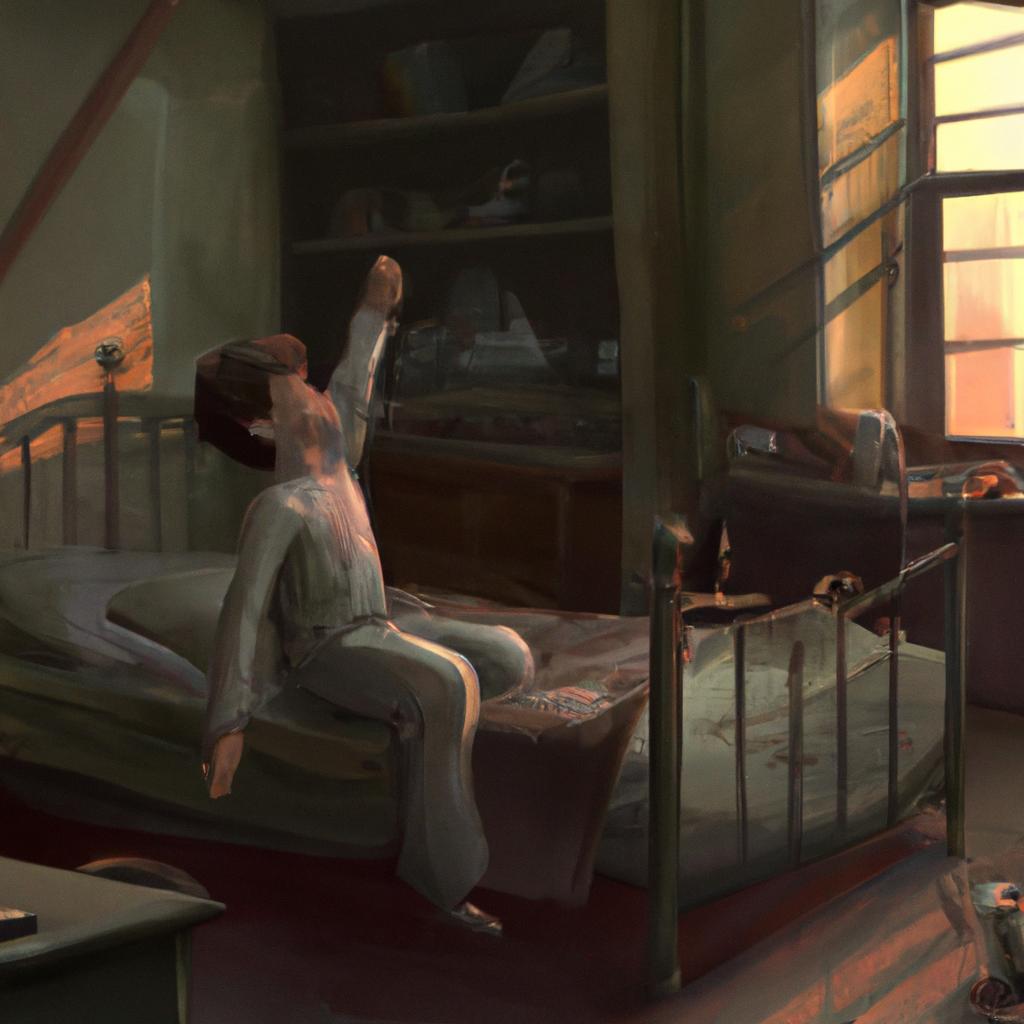 A boy waking up in bed, stretching and yawning. The sun is shining through the window, casting a warm light on the room.