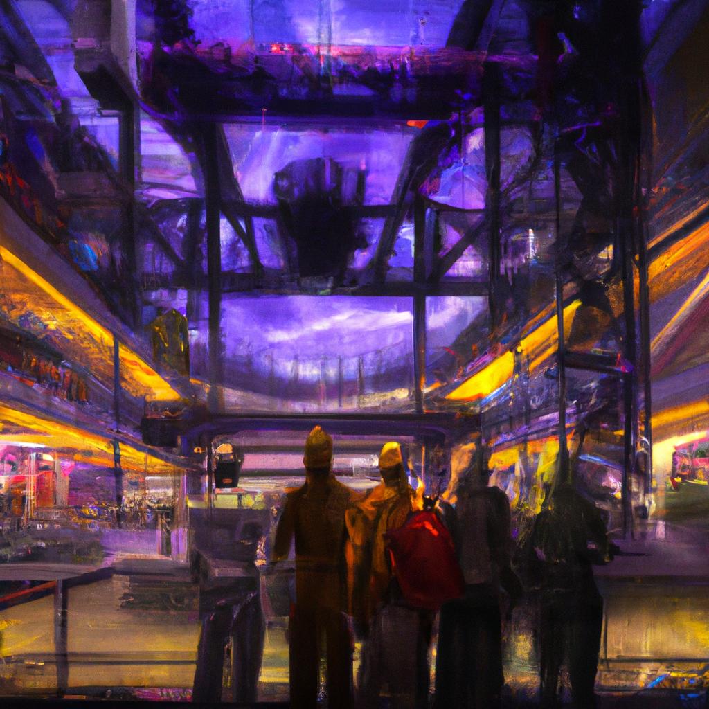 A group of friends entering a large shopping center with bright lights and colorful displays.
