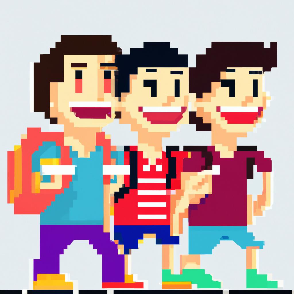 Três amigos sorridentes brincando juntos no recreio da escola.