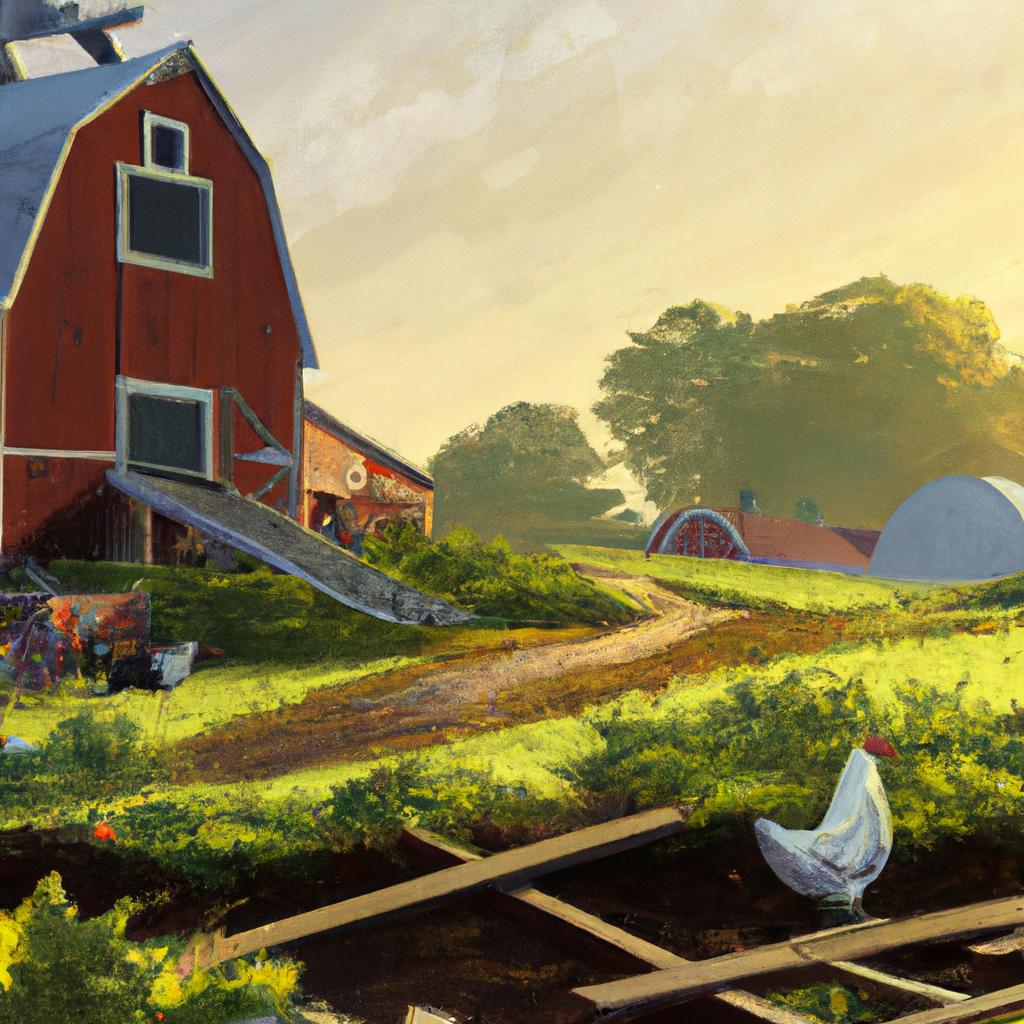 A cozy farm with a red barn and green fields, a rooster crowing at sunrise.