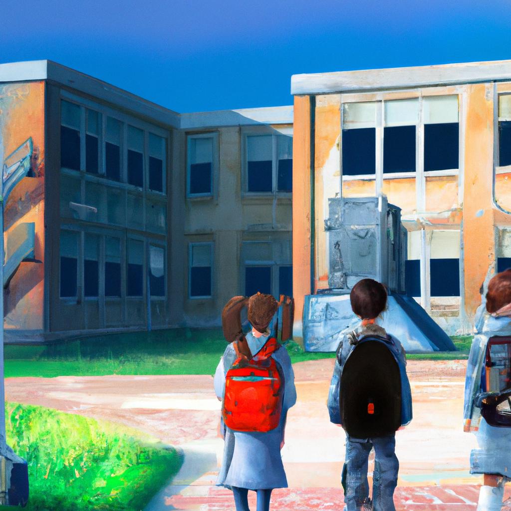 Children with backpacks and holding hands, standing in front of a school building.