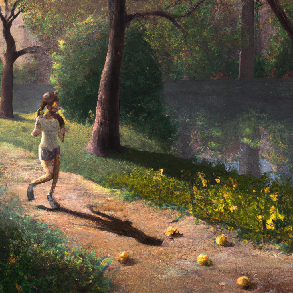 A girl running and playing in a park surrounded by trees and greenery. She is eating an apple happily.