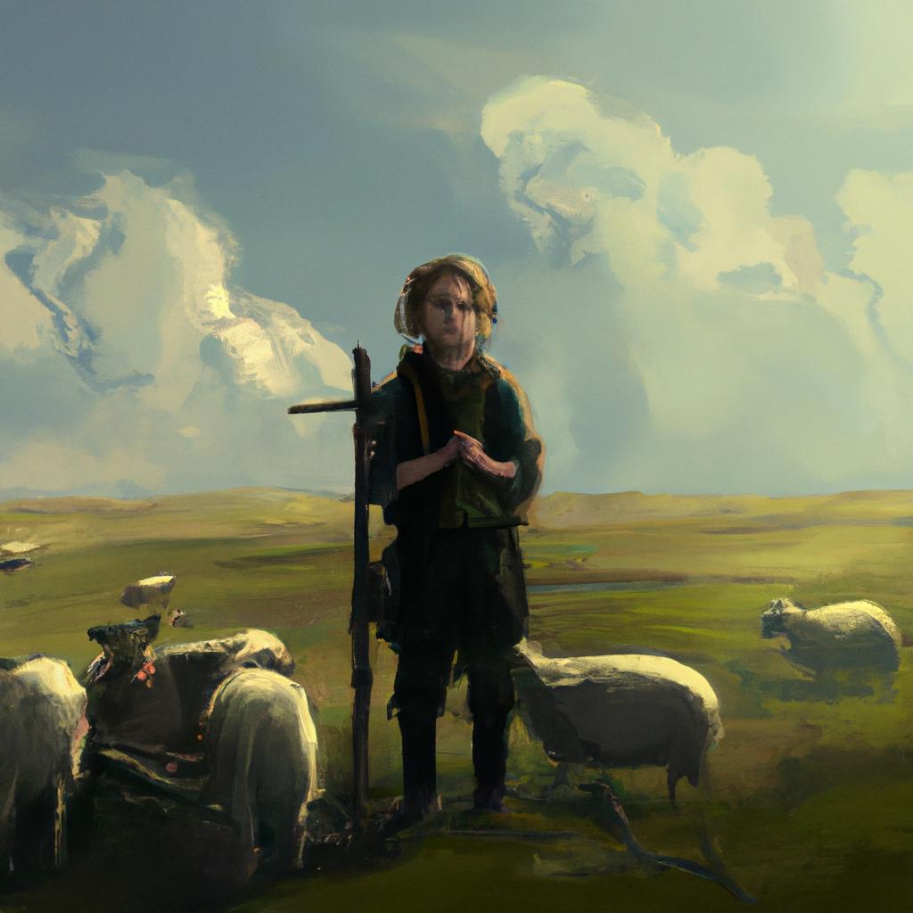 A young shepherd boy with a sling, surrounded by sheep in a green pasture, looking up to the sky with a look of determination and faith in his eyes.