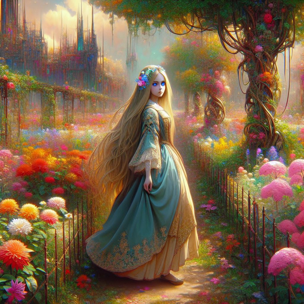 Uma princesa com longos cabelos dourados e olhos azuis caminhando nos jardins repletos de flores coloridas.