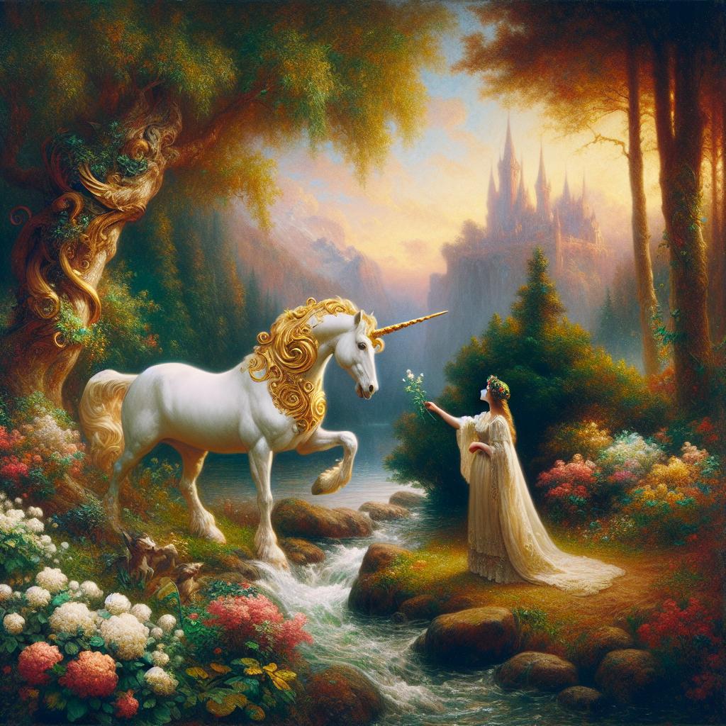 Um unicórnio branco majestoso, com um chifre dourado, encontrando a princesa nos jardins encantados.