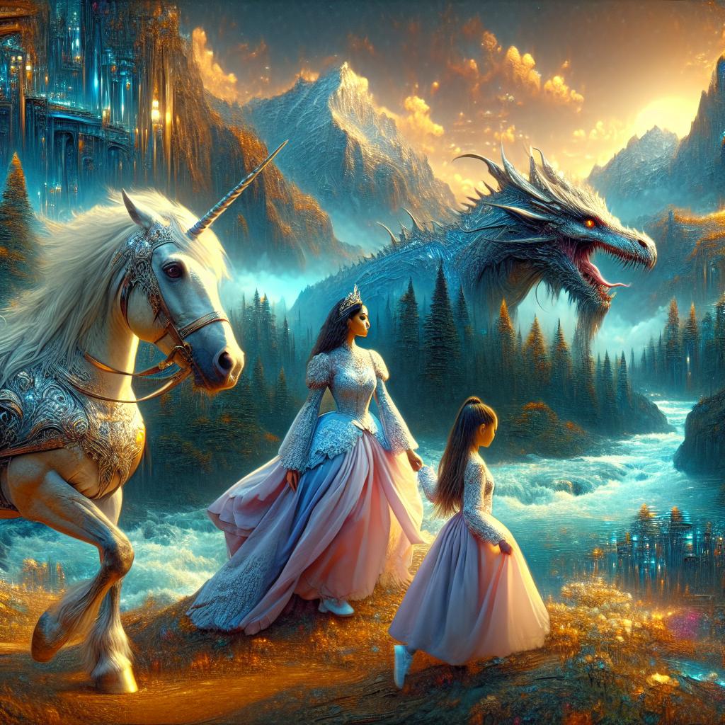A princesa, o unicórnio e o dragão explorando florestas encantadas e montanhas brilhantes juntos.