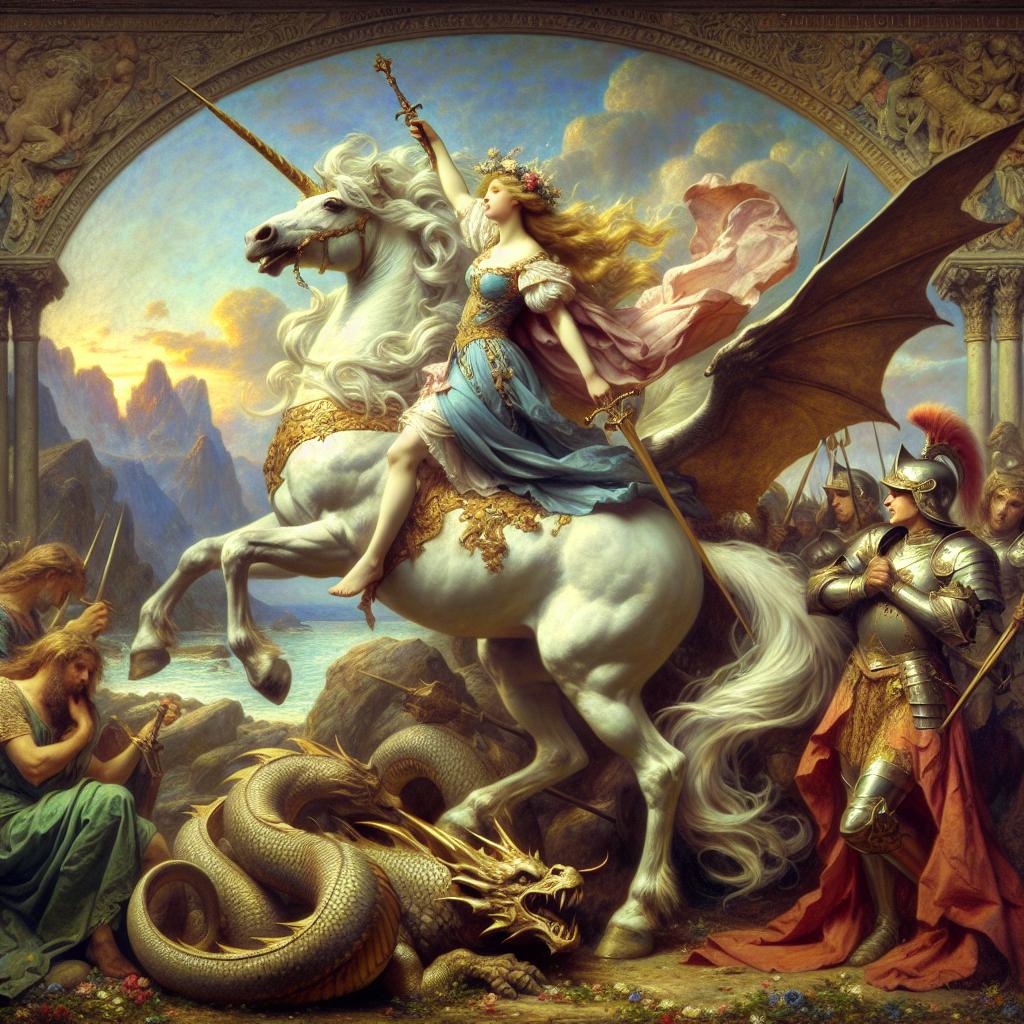 A princesa, o unicórnio e o dragão vitoriosos, com o reino encantado seguro mais uma vez.